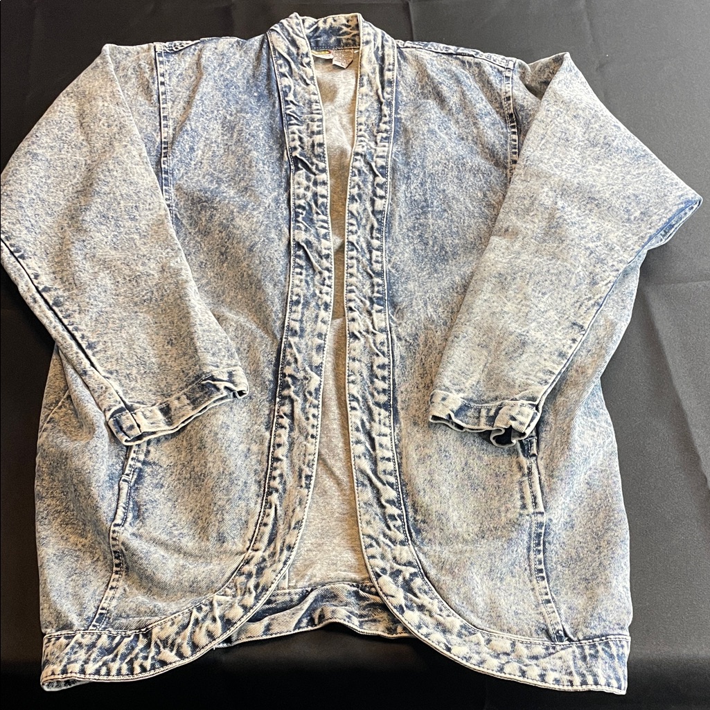 Vintage Acid Wash Denim Kimono Jacket - Blue Pleated 80’s Cotton Size Large